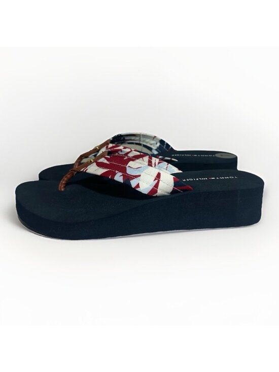 New Tommy Hilfiger Flip Flops Women’s 7 Navy Blue With Floral Print Wedge Heel - Picture 3 of 9
